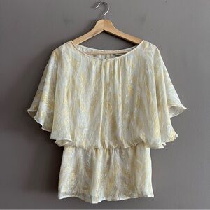 Trina Turk Silk Metallic Blend Flatter Sleeves Blouse Ivory Gold Sz M